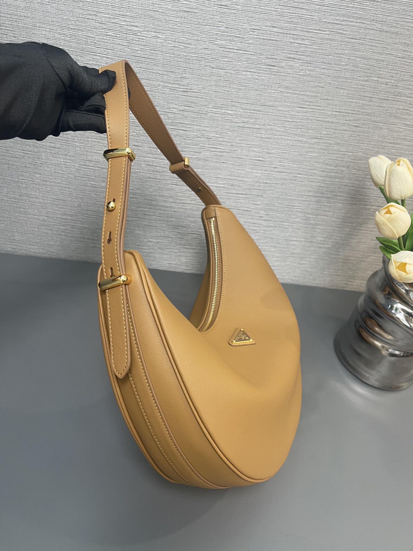 Prada Large Classic Hobo Arque Leather Shoulder Bag Caramel 1BC212